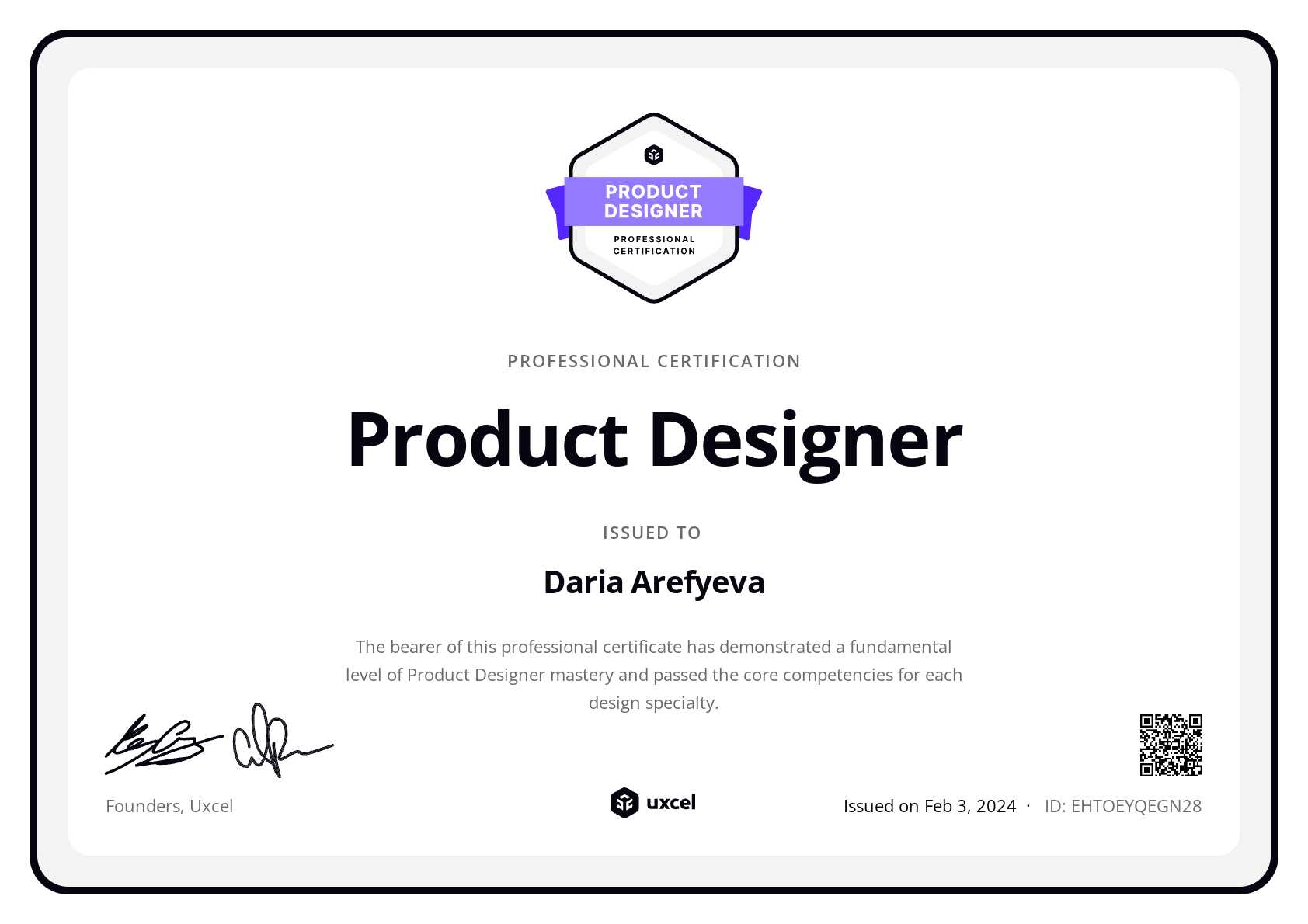 Daria Arefyeva's certificate